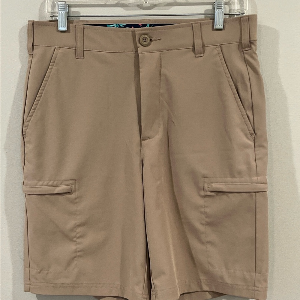 Birdie Bound Cargo Shorts Golf Flat Front Spandex Men Sz 30 Beige 9" inseam